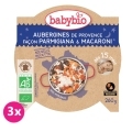 3x BABYBIO Večerné menu baklažán na spôsob parmigiana s makarónmi 260 g