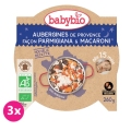 3x BABYBIO Večerné menu baklažán na spôsob parmigiana s makarónmi 260 g